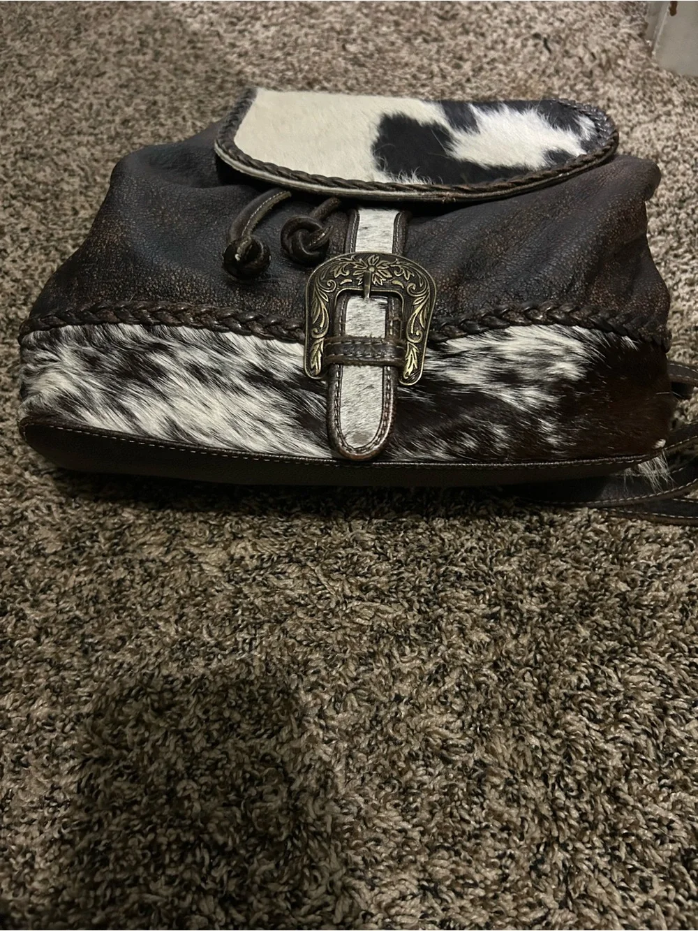 Brown Leather Backpack with Black & White Cowhide Flap